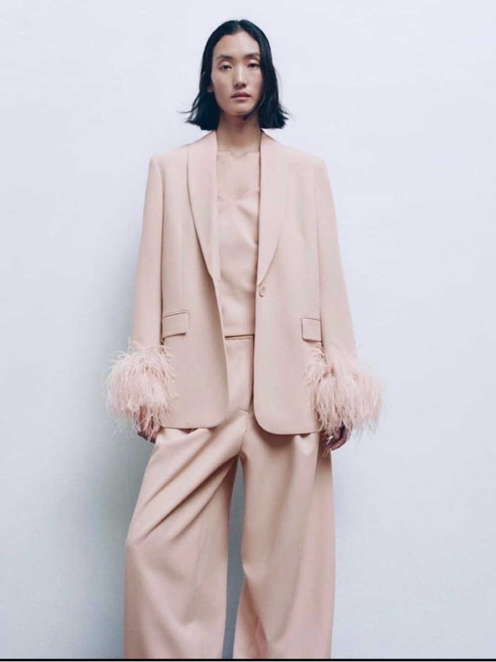 Zara Blush Pink Feather-Cuff Blazer